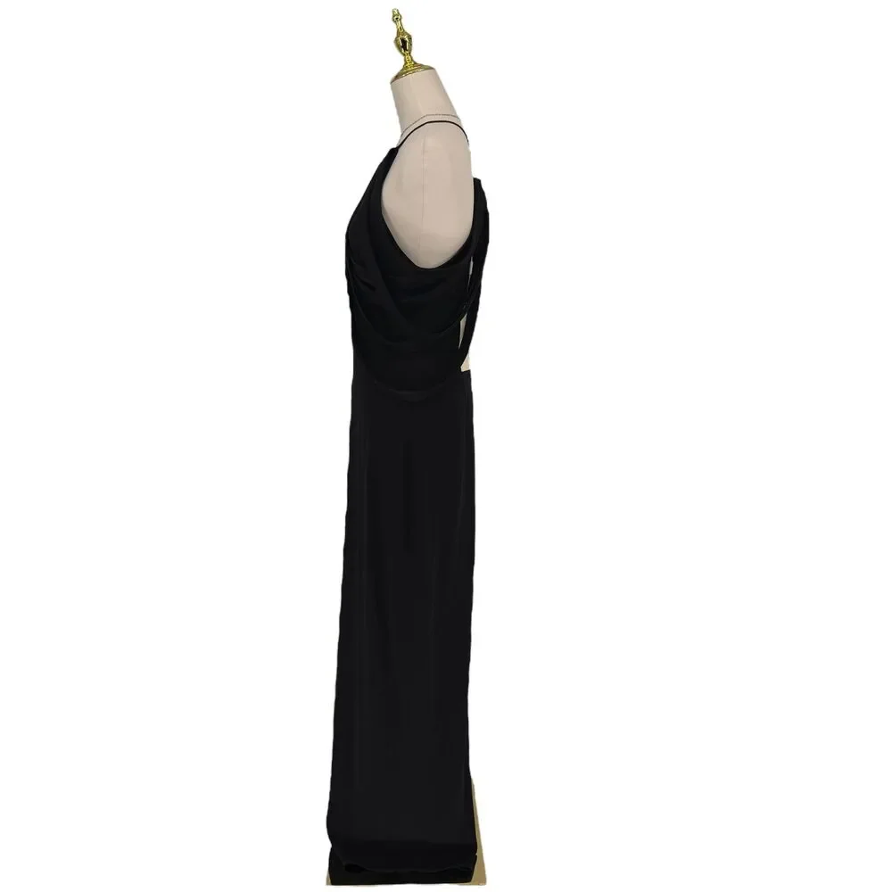 Halston Heritage Black Crepe Zip Halter Gown Dress Sz 8 Slit Strappy Formal NWT - Picture 8 of 16